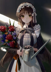 Rule 34 | 1girl, absurdres, apron, black bow, black bowtie, black dress, blue flower, blush, bouquet, bow, bowtie, breasts, brown hair, closed mouth, dress, flower, frilled apron, frills, green eyes, hair ribbon, highres, holding, large breasts, long hair, long sleeves, maid, maid headdress, myoushun, original, red flower, red rose, ribbon, rose, solo, watering can, white apron, white flower, white ribbon, yellow flower