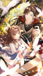 Rule 34 | 1boy, 1girl, :d, absurdres, animal, artem wing (tears of themis), bird, blue eyes, brown hair, chinese clothes, dove, flower, grass, green eyes, hair flower, hair ornament, highres, holding, holding animal, long hair, long sleeves, looking at animal, nana895, open mouth, outdoors, ponytail, rabbit, rosa (tears of themis), smile, tears of themis