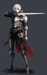 Rule 34 | 1boy, armor, belt, blue eyes, breastplate, clenched hand, closed mouth, gauntlets, greaves, grey background, hair between eyes, holding, holding sword, holding weapon, knight, male focus, mhg (hellma), original, pauldrons, scabbard, sheath, shoulder armor, simple background, solo, standing, sword, torn clothes, weapon, white hair