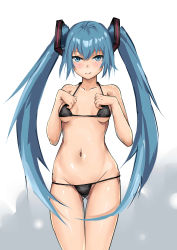 Rule 34 | 1girl, absurdres, bikini, black bikini, blue eyes, blue hair, blush, breasts, collarbone, gluteal fold, hatsune miku, highres, long hair, looking at viewer, low twintails, medium breasts, micro bikini, navel, pear sauce, shiny skin, smile, solo, standing, swimsuit, thigh gap, twintails, very long hair, vocaloid