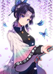 Rule 34 | 1girl, black hair, breasts, bug, butterfly, butterfly hair ornament, commentary request, hair ornament, haori, highres, insect, japanese clothes, katana, kimetsu no yaiba, kochou shinobu, long sleeves, looking at viewer, multicolored hair, nabekokoa, parted bangs, purple eyes, purple hair, short hair, smile, solo, sword, weapon
