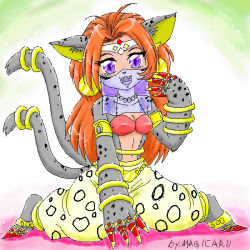 Rule 34 | 10s, 1girl, animal ears, arabian clothes, bastemon, belly chain, bracelet, breasts, cat ears, cat girl, claws, digimon, digimon (creature), digimon xros wars, earrings, fang, female focus, full body, jewelry, lots of jewelry, monster girl, necklace, orange hair, purple eyes, ring, sitting, solo, tail, toe ring