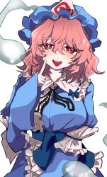 Rule 34 | 1girl, absurdres, blue dress, blue headwear, breasts, dress, ghost tail, highres, large breasts, long sleeves, looking at viewer, oyatu yatu, pink eyes, pink hair, pointing, pointing at self, saigyouji yuyuko, short hair, smile, solo, touhou, white background