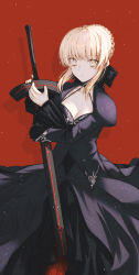 Rule 34 | 1girl, artoria pendragon (all), artoria pendragon (fate), bad id, bad pixiv id, black bow, black dress, bow, braid, breasts, choker, cleavage, closed mouth, dark persona, dress, excalibur morgan (fate), fate/grand order, fate (series), french braid, hair bow, hair bun, harukaze (rori 0826), highres, holding, holding sword, holding weapon, light particles, long sleeves, looking at viewer, medium breasts, puffy sleeves, red background, saber alter, sidelocks, single hair bun, solo, sword, weapon, wide sleeves, yellow eyes