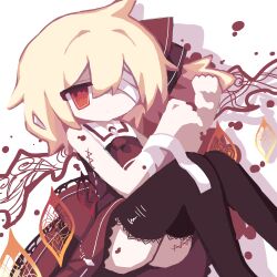 Rule 34 | 1girl, absurdres, amanecco sushi, bandage over one eye, bandaged wrist, bandages, black thighhighs, blonde hair, blood, blood splatter, dress, feet out of frame, flandre scarlet, hair between eyes, hair ribbon, highres, no nose, red dress, red eyes, red ribbon, ribbon, sally (music circle), solo, stitched arm, stitched leg, stitches, thighhighs, touhou, white background, wings