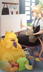 Rule 34 | 1girl, animal ears, apple, bag, banana, black dress, blonde hair, blue necktie, breasts, canvas (object), cat ears, cat tail, clothes hanger, collared shirt, dress, eating, fat chocobo, final fantasy, final fantasy xiv, food, frown, fruit, grapes, highres, holding, holding paintbrush, holding palette, long bangs, medium hair, melon, miqo&#039;te, necktie, ojiki, one eye closed, open can, orange (fruit), oven mitts, paint, paint can, paintbrush, palette (object), pineapple, plank, plant, pleated dress, ponytail, potted plant, shirt, shoulder bag, sitting, small breasts, solo, tail, upper body, warrior of light (ff14), white shirt, window shadow, wooden floor