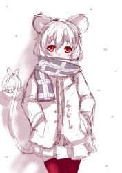 Rule 34 | 1girl, animal, animal ears, casual, coat, cold, commentary request, contemporary, greyscale, monochrome, mouse (animal), mouse ears, mouse tail, nazrin, pleated skirt, red eyes, red thighhighs, scarf, short hair, skirt, solo, soubi, spot color, tail, thighhighs, touhou, white background, white theme, winter clothes