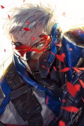Rule 34 | 1boy, artist name, bad id, bad twitter id, blue eyes, broken eyewear, broken mask, covered mouth, jacket, male focus, mask, mouth mask, overwatch, overwatch 1, scar, scar across eye, scar on face, serious, shards, short hair, signature, soldier: 76 (overwatch), solo, upper body, visor, white hair