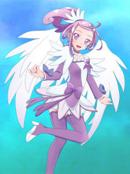 Rule 34 | 1girl, angel wings, arm warmers, asymmetrical clothes, boots, brooch, choker, cure sword, curly hair, detached sleeves, dokidoki! precure, dress, earrings, eyelashes, fingerless gloves, flying, gloves, hair ornament, hairclip, half updo, happy, heart, heart brooch, high heels, highres, jewelry, kenzaki makoto, looking at viewer, magical girl, open mouth, ponytail, precure, purple dress, purple eyes, purple footwear, purple hair, purple thighhighs, ribbon, short hair, smile, solo, spade (shape), spade earrings, spade hair ornament, thigh boots, thighhighs, toni (artist), wings