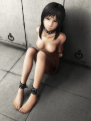 Rule 34 | 1girl, arms behind back, barefoot, bdsm, bondage, bound, breasts, chain, collar, cuffs, dungeon, female focus, full body, h.s.c c-cake world, leather cuffs, nipples, nude, scared, slave, solo, tears