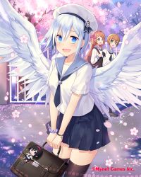 Rule 34 | 3girls, angel wings, bag charm, black legwear, black neckwear, black skirt, blue eyes, blush, bracelet, breasts, briefcase, brown hair, charm (object), cherry blossoms, company name, cross, day, falkyrie no monshou, green eyes, hair ornament, hat, holding, holding briefcase, jewelry, long hair, looking at another, looking at viewer, medium breasts, multiple girls, natsumekinoko, necktie, official art, open mouth, outdoors, railing, sailor collar, sailor hat, school briefcase, short hair, short sleeves, skirt, smile, thighhighs, tree, uniform, white hair, white hat, wings, x hair ornament