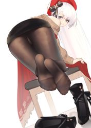 Rule 34 | 1girl, absurdres, ankle boots, ass, azur lane, belfast (azur lane), belfast (shopping with the head maid) (azur lane), black footwear, black pantyhose, black skirt, boots, bow, eyebrows, feet, hat, hat bow, high heel boots, high heels, highres, hyouuma, kneeling, long hair, looking at viewer, looking back, panties, panties under pantyhose, pantyhose, pencil skirt, red hat, shoes, silver hair, skirt, smile, soles, solo, underwear, unworn shoes, very long hair, white panties