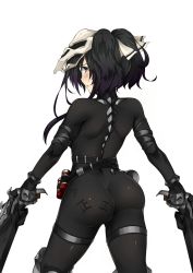 Rule 34 | 1girl, ass, backboob, bba1985, belt, black eyes, black hair, blush, body writing, bodysuit, bow, breasts, dual wielding, from behind, frown, gender request, genderswap, gun, hair bow, highres, holding, huge ass, long hair, looking at viewer, looking back, mask, overwatch, overwatch 1, reaper (overwatch), shiny clothes, skin tight, solo, transparent background, twintails, weapon