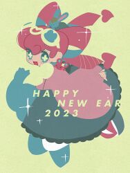 Rule 34 | 1girl, 2023, :d, ace attorney, blue eyes, blush, drill hair, english text, full body, goggles, goggles on head, green background, hair rings, happy, happy new year, highres, iris wilson, long hair, long sleeves, looking at viewer, new year, open mouth, pink hair, shino bunnys, simple background, smile, solo, the great ace attorney, twintails