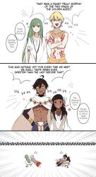 Rule 34 | 1girl, 2boys, :d, ahoge, androgynous, black hair, blonde hair, blue eyes, brown eyes, cape, choker, comic, commentary, crossed arms, dark-skinned female, dark-skinned male, dark skin, dragging, emphasis lines, english text, enkidu (fate), fate/grand order, fate/prototype, fate/prototype: fragments of blue and silver, fate/stay night, fate/strange fake, fate (series), gilgamesh (fate), green hair, laughing, long hair, multiple boys, nefertari (fate), open mouth, ozymandias (fate), red eyes, shihoran, smile, topless male, very long hair, white background, yellow eyes