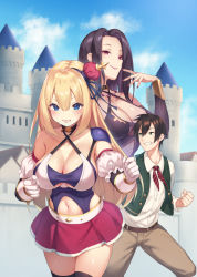 Rule 34 | 1boy, 2girls, armor, black dress, black hair, black hairband, black legwear, blonde hair, blue eyes, blush, bra, breasts, castle, character request, cleavage, clenched hand, clenched teeth, copyright request, cover, cover page, criss-cross halter, crown, detached sleeves, dress, evil smile, finger to mouth, gloves, green eyes, green vest, hairband, halterneck, halterneck, highres, jewelry, large breasts, long hair, mini crown, miniskirt, multiple girls, navel, necklace, novel cover, novel illustration, official art, original, pleated skirt, pokachu, red eyes, red skirt, shirt, shoulder armor, skirt, smile, sweatdrop, teeth, thighhighs, underwear, very long hair, vest, white bra, white gloves, white shirt, zettai ryouiki