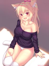 Rule 34 | 1girl, :d, animal ear fluff, animal ears, arm support, black shirt, blonde hair, blush, breasts, cat ears, cleavage, collarbone, commentary, english commentary, fang, hair between eyes, high ponytail, highres, large breasts, long hair, long sleeves, looking at viewer, no pants, nottytiffy, off shoulder, open mouth, original, over-kneehighs, panties, ponytail, red eyes, shirt, sitting, sleeves past wrists, slit pupils, smile, solo, thighhighs, tiffy (nottytiffy), underwear, watermark, web address, white panties, white thighhighs