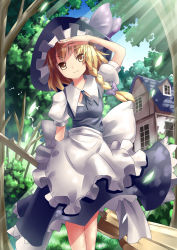 Rule 34 | 1girl, absurdres, blonde hair, braid, broom, female focus, hat, highres, kirisame marisa, mikan (bananoha), nature, outdoors, sky, solo, touhou, witch, witch hat, yellow eyes