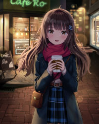 Rule 34 | 1girl, :d, ahoge, bag, belt, belt buckle, black hair, blue coat, blue skirt, blunt bangs, blush, brick road, brown bag, brown belt, brown eyes, buckle, building, cafe, coat, coffee, coffee cup, cowboy shot, cup, disposable cup, drink, eyelashes, hair ornament, handbag, hands up, holding, holding cup, lapels, lens flare, light particles, long hair, long sleeves, looking at viewer, mookyuu9, night, open clothes, open coat, open mouth, original, outdoors, plaid, plaid skirt, pleated skirt, red scarf, road, scarf, shoulder bag, sidelocks, sign, skirt, smile, snowflake hair ornament, solo, standing, sweater, wavy hair, white sweater, window