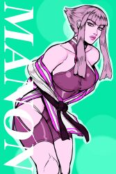 Rule 34 | 1girl, absurdres, arms behind back, breasts, dougi, english text, highres, hime cut, hip vent, large breasts, manon legrand, martial arts belt, rhydwyn, sideboob, sideboob cutout, solo, street fighter, street fighter 6