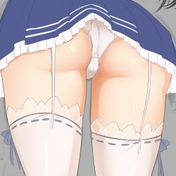 Rule 34 | 10s, 1girl, amanda evelyn earl, ass, ass focus, black hair, blue ribbon, dress, garter straps, iowa (pacific), kantai collection, lace, lace-trimmed dress, lace-trimmed legwear, lace trim, long hair, pacific (kancolle), panties, pantyshot, ribbon, ribbon-trimmed legwear, ribbon trim, solo, standing, thighhighs, underwear, white panties, white thighhighs