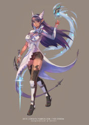 Rule 34 | 1girl, asymmetrical clothes, bike shorts, black footwear, black hair, boots, breasts, brown background, commission, dark-skinned female, dark skin, elezen, elf, final fantasy, final fantasy xiv, glasses, headband, heterochromia, highres, holding, holding sword, holding weapon, large breasts, long hair, moogie (shinjyu), pointy ears, red mage (final fantasy), side slit, simple background, solo, sword, thigh boots, thighhighs, walking, watermark, weapon, web address