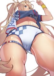Rule 34 | 1girl, absurdres, arm up, blonde hair, blue eyes, body writing, bra, bradamante (fate), braid, breasts, cameltoe, commentary request, copyright name, crown braid, fate/grand order, fate (series), fist pump, french braid, from below, gluteal fold, hair between eyes, highres, long hair, looking to the side, navel, race queen, shirt, short sleeves, smile, solo, stomach, thigh strap, thighs, twintails, underboob, underwear, very long hair, wristband, yoshio (55level)