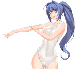 Rule 34 | 1girl, a1 (initial-g), absurdres, blue eyes, blue hair, covered erect nipples, covered navel, cowboy shot, female pubic hair, hayase mitsuki, highres, kimi ga nozomu eien, long hair, one-piece swimsuit, ponytail, pubic hair, see-through, simple background, solo, stretching, swimsuit, very long hair, wet, white background