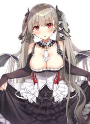Rule 34 | 1girl, azur lane, bare shoulders, between breasts, black dress, blush, breasts, cleavage, cowboy shot, curtsey, dress, earrings, formidable (azur lane), frilled dress, frills, grey hair, hair ornament, hair ribbon, head tilt, highres, jewelry, large breasts, long hair, long sleeves, looking at viewer, open mouth, rangu, red eyes, ribbon, simple background, skirt hold, solo, twintails, white background