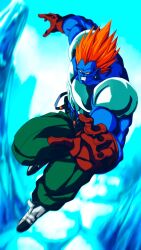 Rule 34 | android 13 (fused), blue skin, boots, brown gloves, colored sclera, colored skin, commentary request, dragon ball, dragonball z, earrings, glacier, gloves, green pants, grin, highres, jewelry, muscular, muscular male, no pupils, orange hair, pants, smile, spiked hair, suspenders, taaa, white footwear, yellow sclera