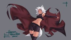 Rule 34 | 1girl, animal ears, armpits, cape, deel (rkeg), fang, fingerless gloves, gloves, halloween, happy halloween, highres, marinya, midriff, navel, original, red eyes, revision, short hair, shorts, smile, solo, tail, thighhighs, torn clothes, white hair