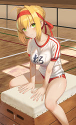 Rule 34 | 1girl, ahoge, arm support, bare legs, between legs, blonde hair, blush, braid, braided bun, breasts, buruma, closed mouth, collarbone, commentary request, fate/extra, fate/grand order, fate (series), feet out of frame, green eyes, gym, gym uniform, hair bun, hair intakes, hand between legs, headband, highres, indoors, large breasts, light smile, looking at viewer, name tag, nero claudius (fate), nero claudius (fate) (all), nero claudius (fate/extra), nero claudius (olympian bloomers) (fate), official alternate costume, red buruma, red headband, reflective floor, shirt, short hair, short sleeves, sidelocks, sitting, solo, spread legs, tsuchifumazu, vaulting horse, white shirt, wooden floor