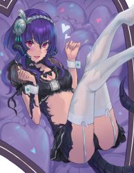 Rule 34 | 1girl, absurdres, ass, au ra, bed, bikini, black panties, blue gemstone, blush, breasts, cameltoe, cleavage, cuff links, cuffs, final fantasy, final fantasy xiv, garter straps, gem, hairband, hands up, heart, heart-shaped pillow, highres, horns, legs up, lingerie, looking at viewer, lying, maid, maid bikini, panties, pink eyes, purple hair, scales, see-through, see-through legwear, smile, swimsuit, tail, unconventional maid, underwear, white legwear