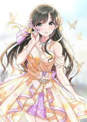 Rule 34 | 1girl, animal, bare shoulders, black hair, blurry, blurry background, blush, brown dress, bug, butterfly, collarbone, commentary request, depth of field, dress, earrings, flower, grey eyes, hair flower, hair ornament, hair ribbon, hand up, highres, holding, holding flower, idolmaster, idolmaster cinderella girls, idolmaster cinderella girls starlight stage, insect, jewelry, kobayakawa sae, long hair, looking at viewer, necklace, parted lips, pearl necklace, purple flower, ribbon, see-through, solo, strapless, strapless dress, sutoroa, very long hair, white flower, yellow ribbon