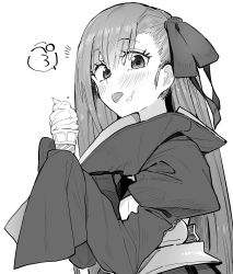 Rule 34 | 1girl, fate/extra, fate/extra ccc, fate (series), food, food on face, greyscale, hair ribbon, highres, ice cream cone, long hair, meltryllis (fate), monochrome, ribbon, sleeves past fingers, sleeves past wrists, solo, tongue, tongue out, waira, white background