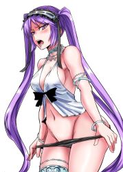 Rule 34 | 1girl, black panties, cowboy shot, euryale (fate), euryale (third ascension) (fate), fate/grand order, fate/hollow ataraxia, fate (series), long hair, mimuni362, open mouth, panties, purple eyes, purple hair, simple background, solo, stomach, twintails, underwear, undressing, v-shaped eyebrows, very long hair