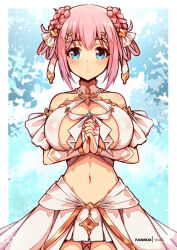 Rule 34 | artist name, blue eyes, braided hair rings, breasts, cleavage, commentary, english commentary, large breasts, navel, own hands together, pink hair, princess connect!, short hair, virus-g, yui (ceremonial) (princess connect!), yui (princess connect!)