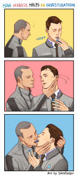 Rule 34 | 2boys, 3koma, android, artist name, blood, blue background, blue blood, colored blood, comic, connor (detroit), dark-skinned male, dark skin, detroit: become human, english text, facial hair, grabbing, grabbing another&#039;s chin, hand on another&#039;s chin, highres, interracial, kiss, licking, licking finger, markus (detroit), multiple boys, red background, sayatsugu, stubble, yaoi, yellow background