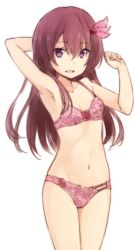 Rule 34 | 10s, 1girl, :d, alternate costume, arm behind head, arm up, armpits, bare arms, bare shoulders, blush, bra, breasts, cleavage, collarbone, cowboy shot, floral print, flower, hair ornament, hairpin, kantai collection, kisaragi (kancolle), legs together, lingerie, long hair, looking at viewer, multi-strapped panties, nagami yuu, navel, open mouth, panties, pink bra, pink panties, purple eyes, red flower, red hair, red rose, rose, simple background, small breasts, smile, solo, stomach, underwear, underwear only, white background
