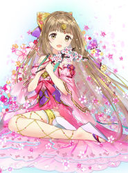 Rule 34 | 10s, 1girl, blush, branch, brown eyes, brown hair, cherry blossoms, dress, gold trim, head chain, highres, holding, holding branch, idolmaster, idolmaster cinderella girls, idolmaster cinderella girls starlight stage, japanese clothes, jewelry, long hair, looking at viewer, macciatto (aciel02), open mouth, pink dress, revision, sandals, sitting, smile, solo, thigh strap, very long hair, wariza, yorita yoshino