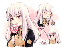 Rule 34 | 1girl, bad id, bad twitter id, cake, candy, chibi, chibi inset, closed eyes, closed mouth, eating, fire emblem, fire emblem: three houses, food, food on face, garreg mach monastery uniform, holding, lollipop, long hair, long sleeves, lysithea von ordelia, multiple views, naho (pi988y), nintendo, pink eyes, plate, simple background, twitter username, uniform, upper body, white hair