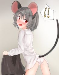 Rule 34 | !, !!, 1girl, animal ears, ass, black skirt, blush, dakuazu, from behind, grey background, holding, holding clothes, holding skirt, long sleeves, looking back, mouse ears, mouse girl, mouse tail, nazrin, open mouth, panties, red eyes, shirt, short hair, silver hair, skirt, unworn skirt, standing, sweatdrop, tail, touhou, underwear, white panties, white shirt