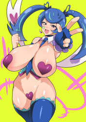 Rule 34 | 1girl, areola slip, between breasts, blue angel, blue hair, breasts, choker, dd (giogio99), earrings, fingerless gloves, gloves, heart, heart earrings, heart maebari, heart pasties, jewelry, large breasts, long hair, maebari, navel, necktie, open mouth, pasties, smile, solo, thighhighs, tongue, tongue out, twintails, yu-gi-oh!, zaizen aoi