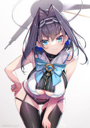 Rule 34 | 1girl, black hair, black panties, blue eyes, blue hair, blush, breasts, cameltoe, chain, cleavage cutout, clock hands, closed mouth, clothing cutout, colored inner hair, hair intakes, hairband, halo, hand on own hip, hand on own thigh, holocouncil, hololive, hololive english, hong (white spider), large breasts, leaning forward, looking to the side, multicolored hair, no pants, ouro kronii, panties, revision, ribbon earrings, short hair, simple background, skindentation, smile, solo, thighhighs, underboob, underboob cutout, underwear, virtual youtuber, white background