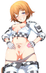 Rule 34 | 1girl, breasts, breasts out, brown hair, censored, checkered clothes, clothes pull, condom, condom wrapper, crop top, freckles, girls und panzer, gloves, highres, holding, holding condom, kaabetan, looking at viewer, navel, nipples, one eye closed, open clothes, open shirt, panties, pants, pants pull, panty pull, pubic tattoo, purple eyes, pussy, sexually suggestive, short hair, small breasts, smile, solo, tattoo, tsuchiya (girls und panzer), underwear, white background