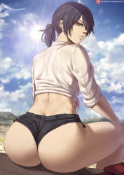 Rule 34 | 1girl, ass, black hair, blue sky, brown eyes, cloud, cloudy sky, commentary, day, hair over one eye, highres, huge ass, looking at viewer, looking back, mikasa ackerman, outdoors, ponytail, red scarf, scarf, shexyo, shingeki no kyojin, short hair, short shorts, shorts, sitting, sky, solo, sun, sunlight, thighs