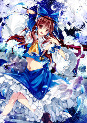 Rule 34 | 1girl, :d, alternate color, animal, arch, arm up, armpits, ascot, bandages, bare shoulders, blue bow, blue skirt, blue vest, blush, bow, brown eyes, brown footwear, brown hair, cherry blossoms, collar, crescent moon, detached sleeves, eyebrows, fantasy, fish, frilled collar, frilled shirt collar, frilled skirt, frills, gohei, hair bow, hair tubes, hakurei reimu, head tilt, highres, inma, leg up, loafers, long hair, long sleeves, looking at viewer, midriff, moon, navel, night, night sky, open mouth, outdoors, petticoat, plant, ponytail, sarashi, shoes, sidelocks, skirt, sky, smile, solo, standing, standing on one leg, star (sky), starry sky, stomach, torii, touhou, tree, vest, wide sleeves, wrist cuffs