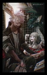 Rule 34 | 1boy, 2girls, bath, bath of blood, bathroom, bathtub, belt, black border, black hair, black jacket, black nails, blonde hair, blood, blood on face, blood on leg, bloom, blue eyes, blunt bangs, blurry, blurry foreground, boku no hero academia, border, breasts, burn scar, card, cheek piercing, chromatic aberration, cleavage, completely nude, corpse, dabi (boku no hero academia), death, depth of field, ear piercing, faceless, faceless female, floating card, fang, film grain, grey shirt, hair between eyes, hand up, highres, holding, holding another&#039;s arm, holding card, id card, indoors, jacket, knee up, light smile, long hair, looking at object, medium breasts, messy hair, multiple girls, multiple scars, nose piercing, nude, open mouth, palm leaf, partially submerged, pepepecoooooo, photo (object), piercing, plant, reading, scar, scar on face, scar on neck, shirt, short hair, sidelocks, sideways glance, sitting, sitting on object, spiked hair, strangling, tile wall, tiles, todoroki touya, toga himiko, twitter username, v-neck, white hair, window, yellow eyes