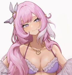 Rule 34 | 1girl, alternate costume, bunnyoki, collarbone, commentary, elysia (herrscher of human:ego) (honkai impact), elysia (honkai impact), english commentary, heart, highres, honkai (series), honkai impact 3rd, light blush, long hair, looking to the side, medium hair, pink eyes, pink hair, pointy ears, simple background, smile, solo, twitter username, white background, white headwear