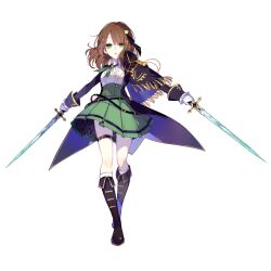 Rule 34 | 1girl, benghuai xueyuan, boots, brown hair, dual wielding, elsa lopez (benghuai xueyuan), full body, gloves, green eyes, hair ornament, hairclip, holding, holding sword, holding weapon, honkai (series), official art, simple background, skirt, sword, thigh strap, third-party source, weapon